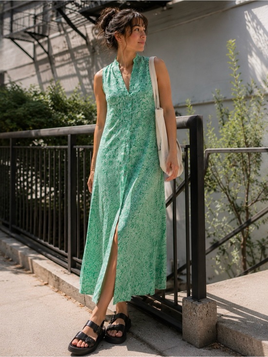 Vintage Dresses & Skirts - Vintage Floral Maxi Dress | Jacquard Brocade Metallic | Button Up Sleeveless